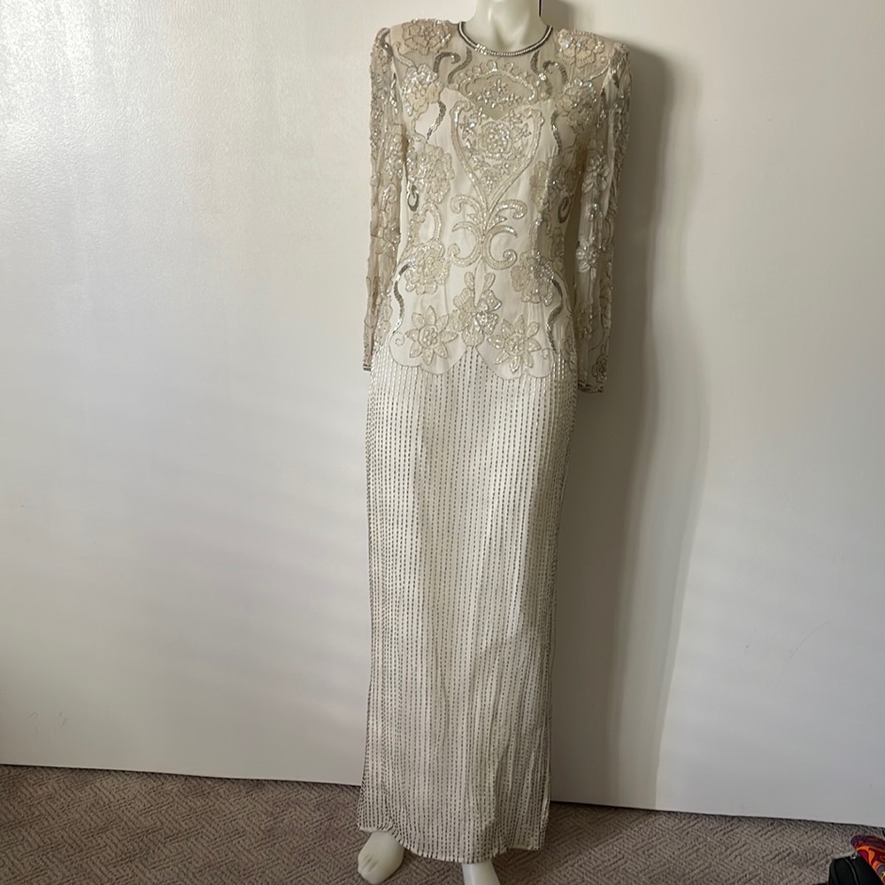 Ivory Beaded Sequin Evening Gown